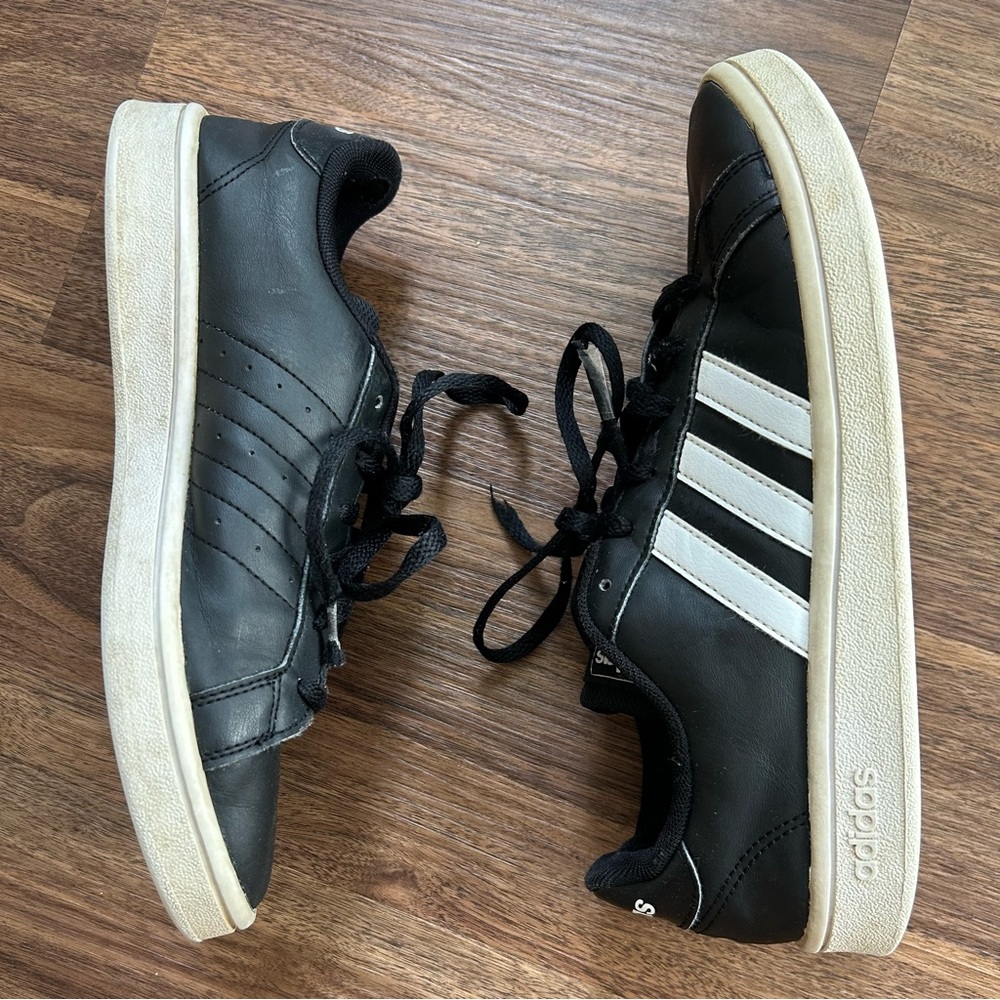 Adidas Logo Stripe Grand Court Sneakers Blokette Trainers Sporty Black Leather 7 - Picture 2 of 12